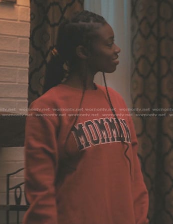 Kiesha’s red Mommin sweatshirt on The Chi