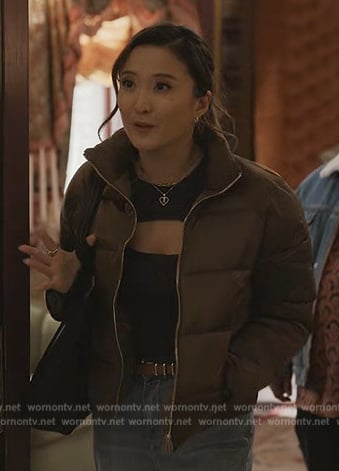 Kimber’s brown padded jacket on Only Murders in the Building