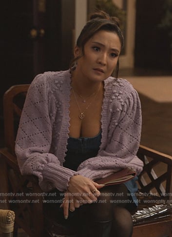 Kimber’s lavender pointelle knit cardigan on Only Murders in the Building