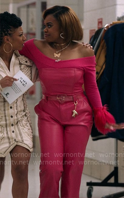 Kourtney’s pink off shoulder top with feathers and leather pants on High School Musical The Musical The Series