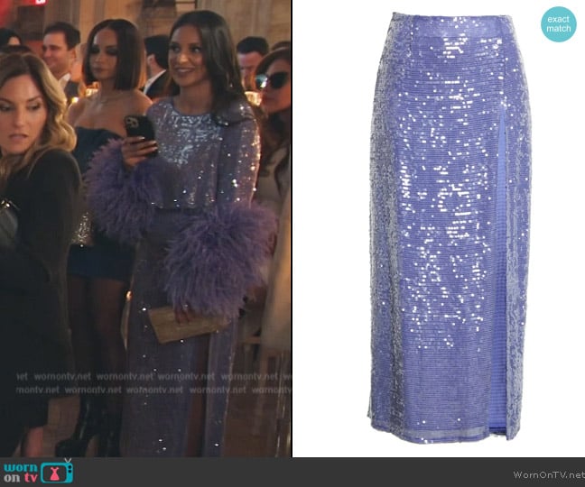 Lapointe Side Slit Sequin Midi Skirt worn by Jessel Taank on The Real Housewives of New York City