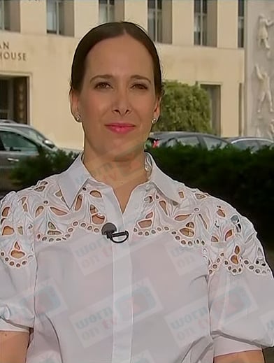 Lisa Rubin’s white eyelet puff sleeve blouse on NBC News Daily