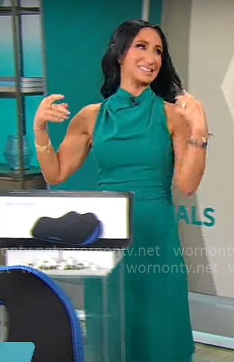 Elizabeth Werner’s teal green cowl neck dress on CBS Mornings