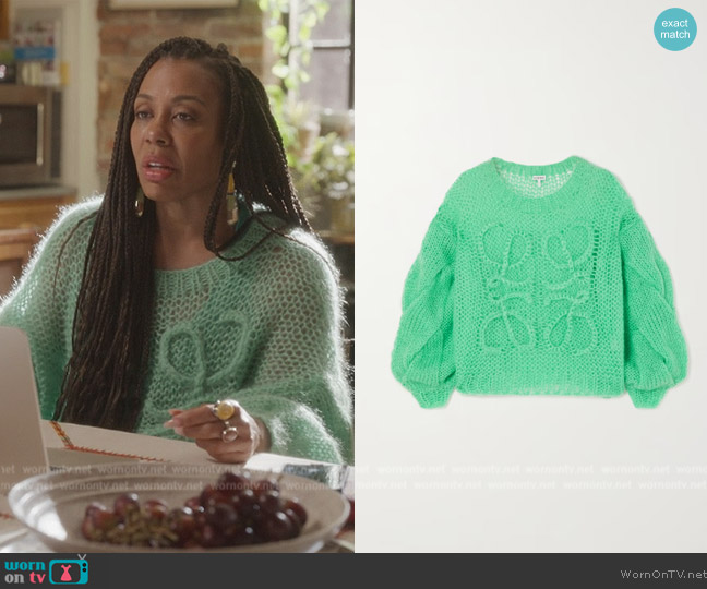 Loewe Anagram oversized open-knit mohair-blend sweater worn by Dr. Nya Wallace (Karen Pittman) on And Just Like That