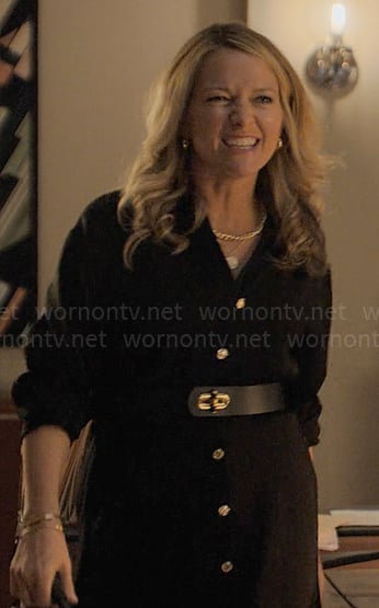 Lorna’s black dress with gold button front on The Lincoln Lawyer