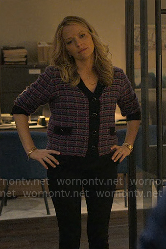 Lorna’s pink cardigan with black trim on The Lincoln Lawyer