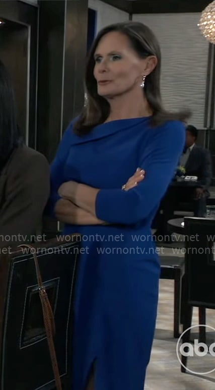 Lucy’s blue folded neck sheath on General Hospital