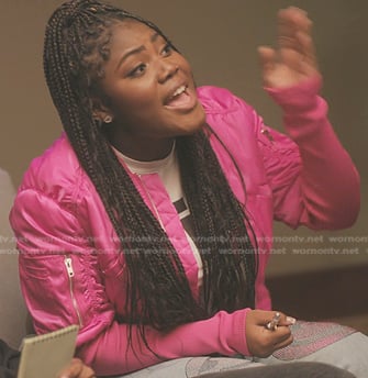 Lynae’s pink cropped bomber jacket on The Chi