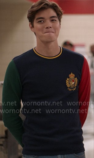 Mack’s colorblock shirt with crest on High School Musical The Musical The Series