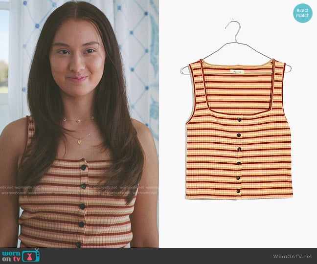 Madewell sourced Ribbed Button-Front Crop Tank in Braxton Stripe worn by Belly Conklin (Lola Tung) on The Summer I Turned Pretty