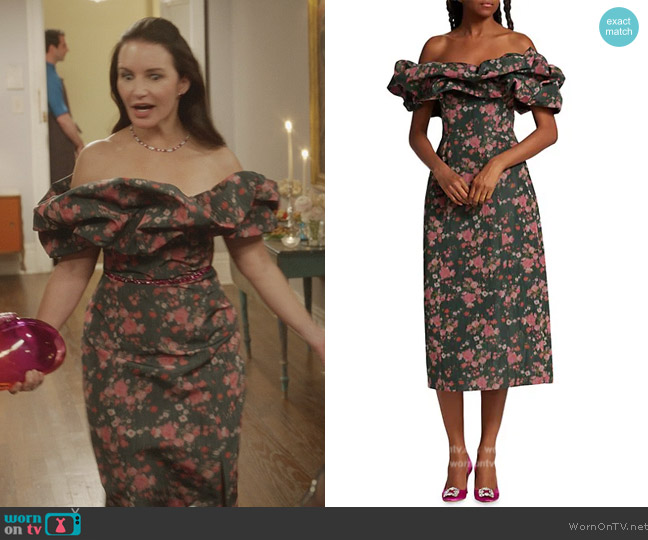 Markarian Polly Floral Ikat Off-The-Shoulder Gown worn by Charlotte York (Kristin Davis) on And Just Like That