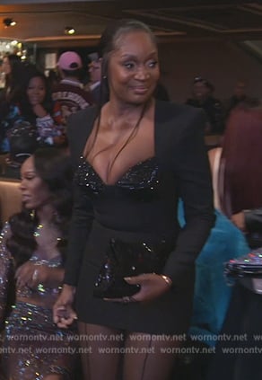 Marlo’s black embellished midi dress on The Real Housewives of Atlanta