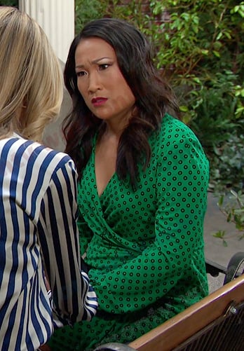 Melinda’s green print wrap dress on Days of our Lives