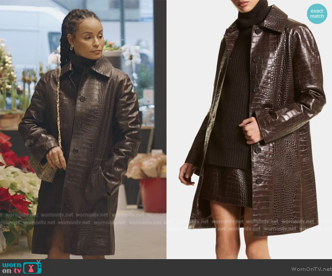 Michael Kors Collection Balmacaan Crocodile Embossed Leather Coat worn by Sai De Silva on The Real Housewives of New York City