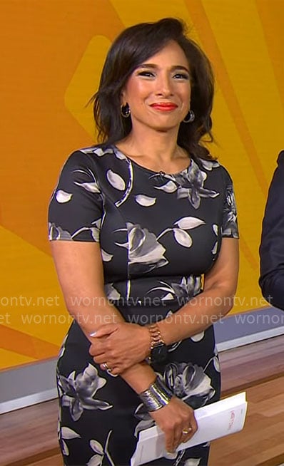 Michelle Miller’s black and white floral dress on CBS Mornings