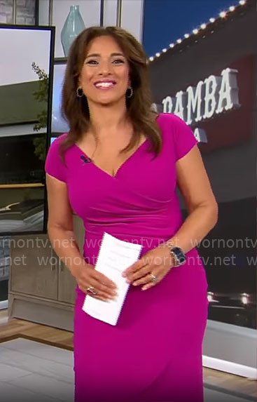 Michelle Miller’s pink faux-wrap dress on CBS Mornings