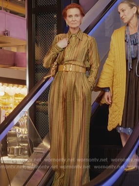 Miranda’s green printed blouse and pants on And Just Like That