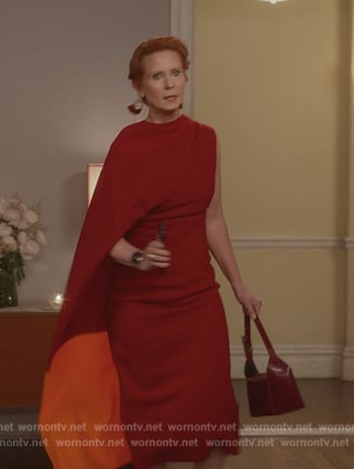 Miranda’s red drape colorblock dress on And Just Like That