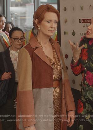 Miranda’s suede colorblock coat on And Just Like That