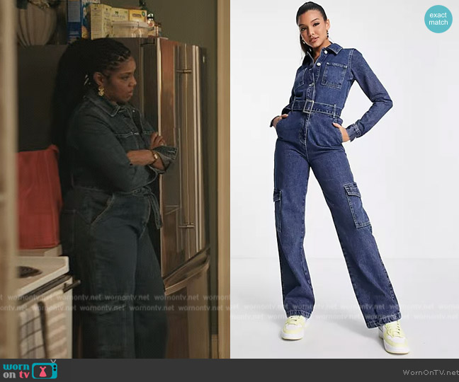 ASOS Miss Selfridge denim cargo boiler suit in dark wash blue worn by Nina (Tyla Abercrumbie) on The Chi