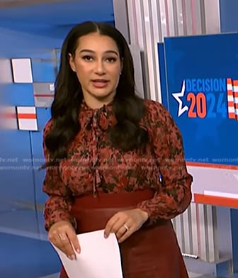 Morgan’s pink floral tie neck blouse on NBC News Daily