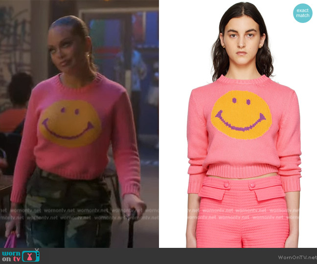 Moschino Pink Smiley Graphic Sweater worn by (Latto) on Grown-ish