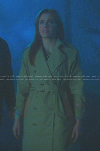 Nancy’s beige leather trim trench coat on Nancy Drew