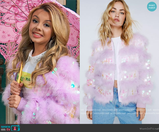 Nasty Gal Real Feather Collar Sequin Jacket worn by Destiny Baker (Mallory James Mahoney) on Bunkd