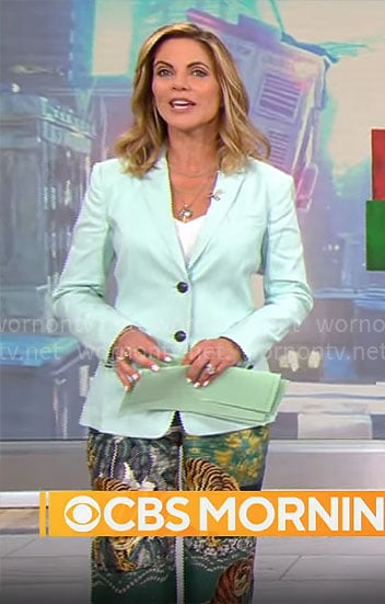 Natalie Morales’ mint green blazer and tiger pants on CBS Mornings