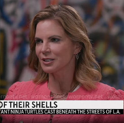 Natalie Morales’ pink puff shoulder cardigan on CBS Mornings