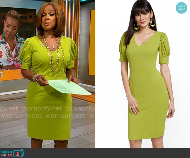 New York & Company Puff-Sleeve Sheath Dress worn by Gayle King on CBS Mornings