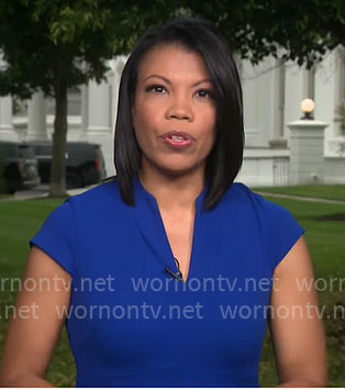Nikole Killion’s blue split-neck dress on CBS Mornings