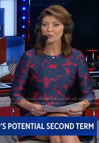 Norah’s pink and blue printed dress on CBS Evening News