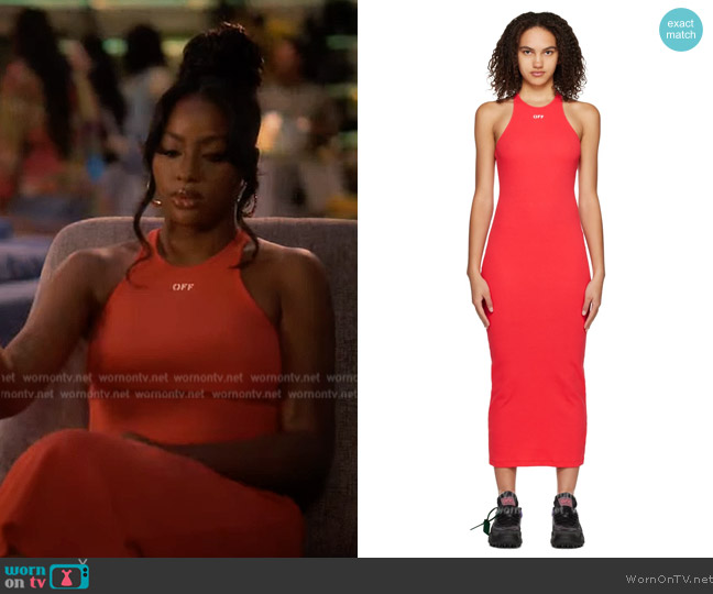 Off-White Red Off Stamp Maxi Dress worn by Annika (Justine Skye) on Grown-ish