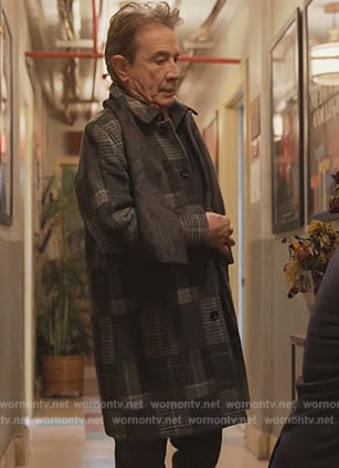 Oliver’s gray mixed plaid coat on Only Murders in the Building