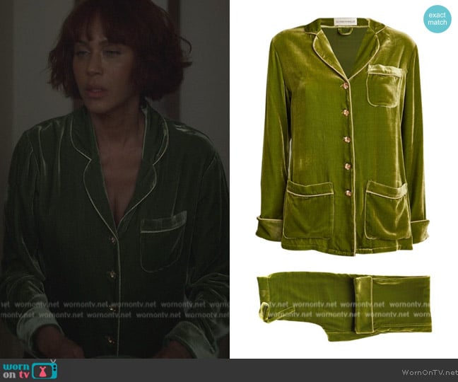 Olivia Von Halle Velvet Embellished Coco Pyjama Set worn by Lisa Todd Wexley (Nicole Ari Parker) on And Just Like That