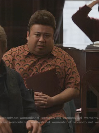 Bobo’s orange printed shirt on Only Murders in the Building