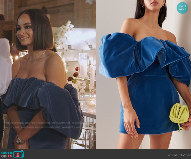Oscar de la Renta Off-The-Shoulder Velvet Mini Dress worn by Sai De Silva on The Real Housewives of New York City
