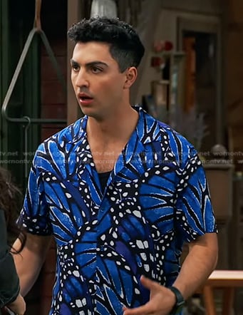 Parker’s blue butterfly print shirt on Bunkd