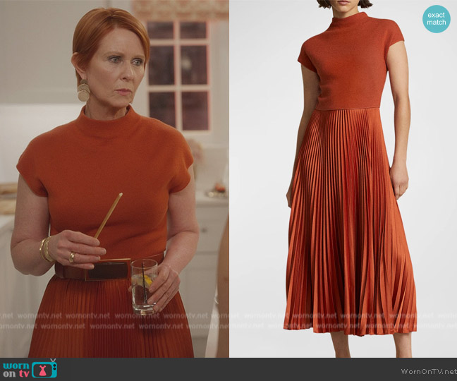 Ralph Lauren Hybrid Sweater-Pleated Mock-Neck Dress worn by Miranda Hobbs (Cynthia Nixon) on And Just Like That