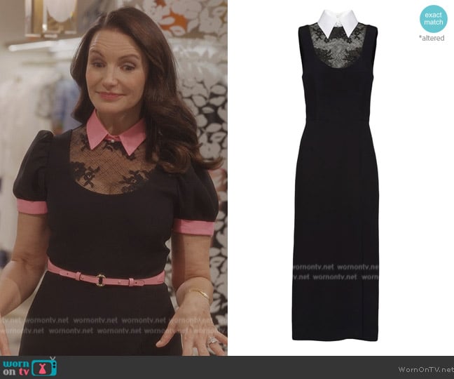 Prada Point collar lace and cady midi dress worn by Charlotte York (Kristin Davis) on And Just Like That