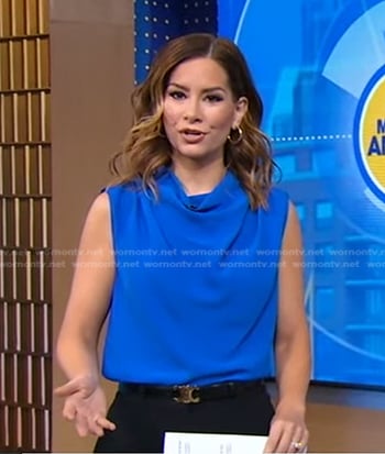 Rebecca’s blue cowl neck sleeveless top on Good Morning America