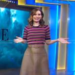 Rebecca’s pink striped top and leather belted skirt on Good Morning America