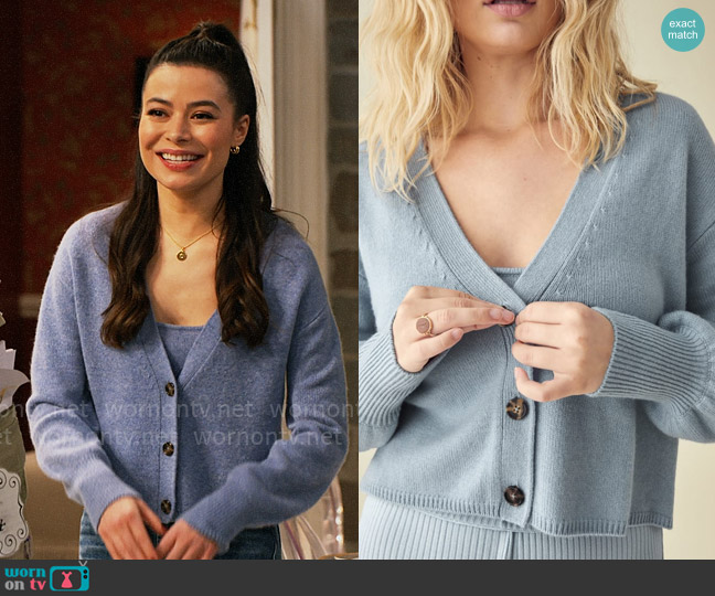 Reformation Varenne Cashmere Tank And Cardi Set in Parisian Blue worn by Carly Shay (Miranda Cosgrove) on iCarly