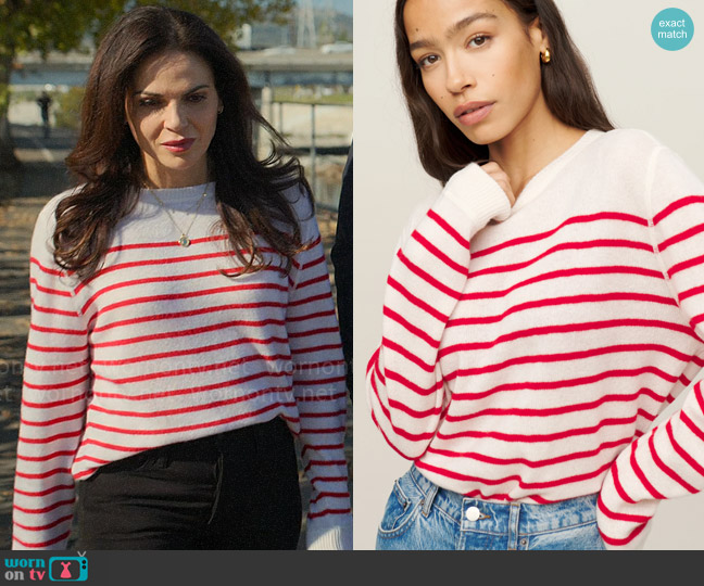 Reformation Cashmere Boyfriend Sweater in Gossamer/Postbox Stripe worn by Lisa Trammell (Lana Parrilla) on The Lincoln Lawyer