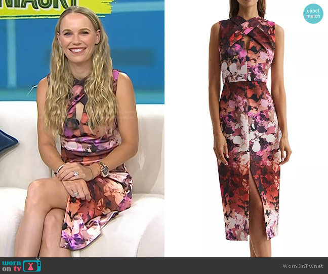 Reiss Vega Printed Midi Dress in Berry worn by Caroline Wozniacki on Today