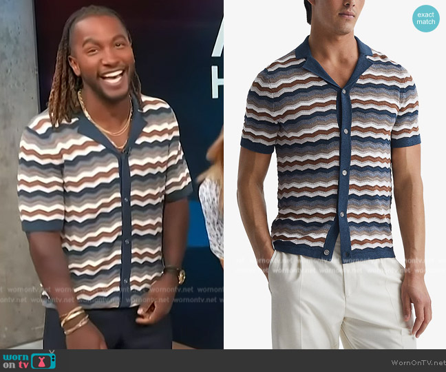 Reiss Whiteley zig-zag short-sleeved stretch-knit shirt worn by Scott Evans on Access Hollywood