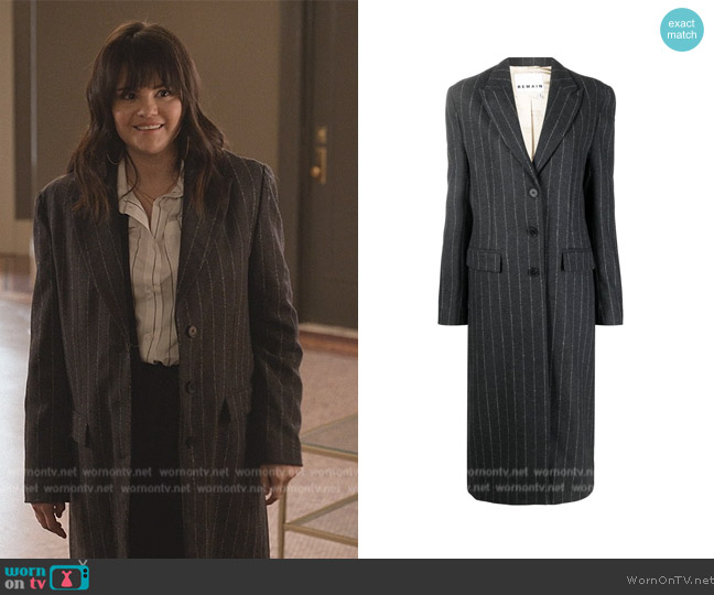 Remain Single-breasted pinstripe coat worn by Mabel Mora (Selena Gomez) on Only Murders in the Building