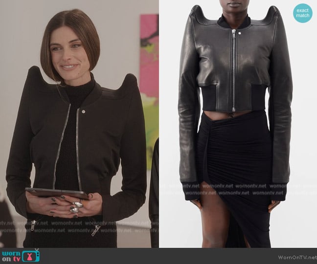 Rick Owens Sculpted-shoulder cropped leather jacket worn by (Mariah Strongin) on And Just Like That