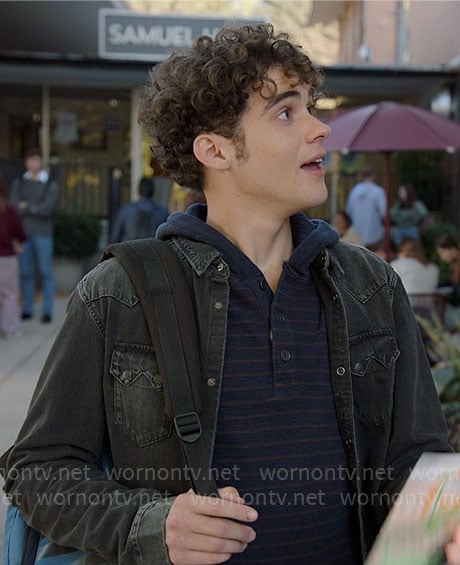 Ricky’s striped hooded henley shirt and black denim shirt on High School Musical The Musical The Series